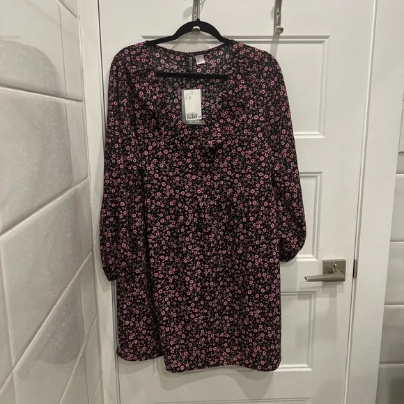 black and pink floral babydoll dress with ruffle neckline - Picture 1 of 4